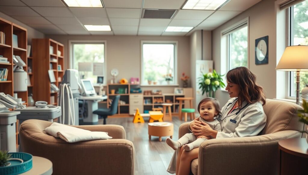 A warm, inviting family doctor's office with a cozy, welcoming atmosphere. In the foreground, a mother and child seated comfortably on plush chairs, the child's face lit with a serene expression as the parent tenderly engages them. Surrounding them, medical equipment and supplies are tastefully integrated, conveying a sense of professional care. The mid-ground features a play area with age-appropriate toys and books, encouraging a child-friendly environment. In the background, windows allow natural light to flood the space, creating a calming, nurturing ambiance. Soft, neutral tones and natural materials throughout, evoke a sense of safety and trust. The entire scene radiates a patient-centered approach focused on the well-being of the family.