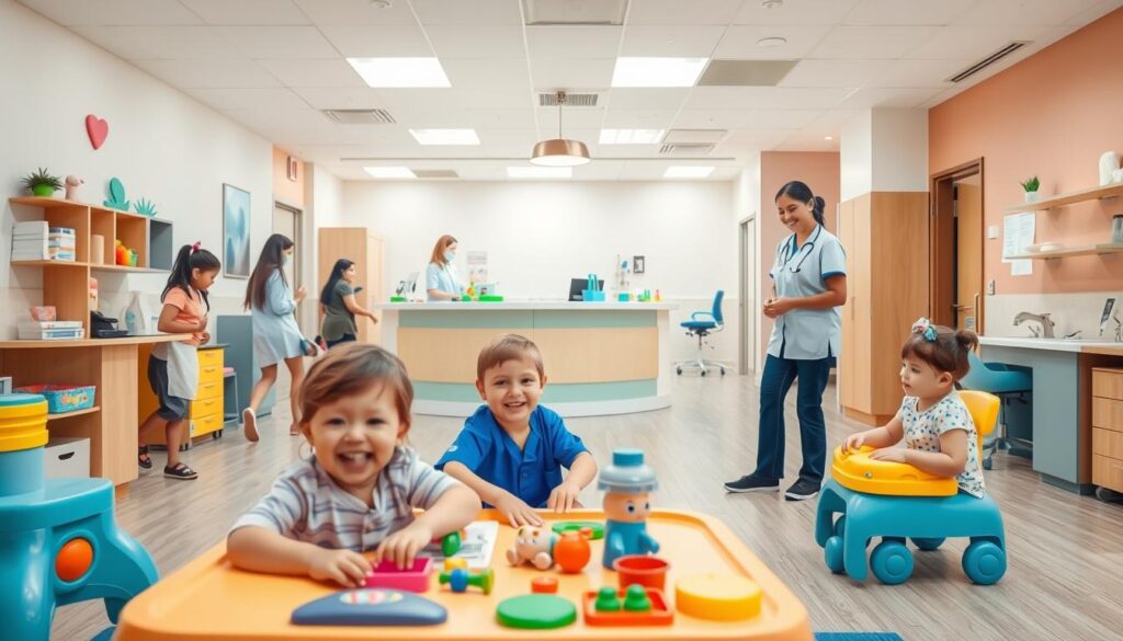 A warm, welcoming pediatric clinic with a vibrant, child-friendly atmosphere. In the foreground, a group of smiling children playing with age-appropriate toys and engaging in educational activities supervised by caring nurses. The middle ground features a reception area with a whimsical, colorful design, inviting parents to bring their little ones for quality medical care. The background showcases modern, well-equipped exam rooms and a playful, pastel-toned color palette that puts patients at ease. Soft, natural lighting illuminates the scene, creating a calming, nurturing environment that reflects the clinic's commitment to comprehensive pediatric services.