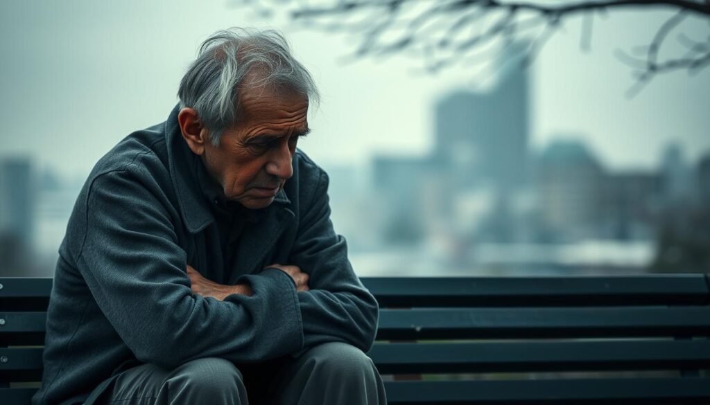 A weathered, elderly person sits hunched on a park bench, their face etched with worry and despair. The background is a blurred, desaturated cityscape, conveying a sense of isolation and loneliness. Soft, diffused lighting casts shadows that accentuate the subject's weary expression. The figure's body language and posture suggest a profound emotional burden, reflecting the inner turmoil of common mental health issues faced by the elderly. A moody, melancholic atmosphere pervades the scene, urging the viewer to empathize with the subject's struggles.