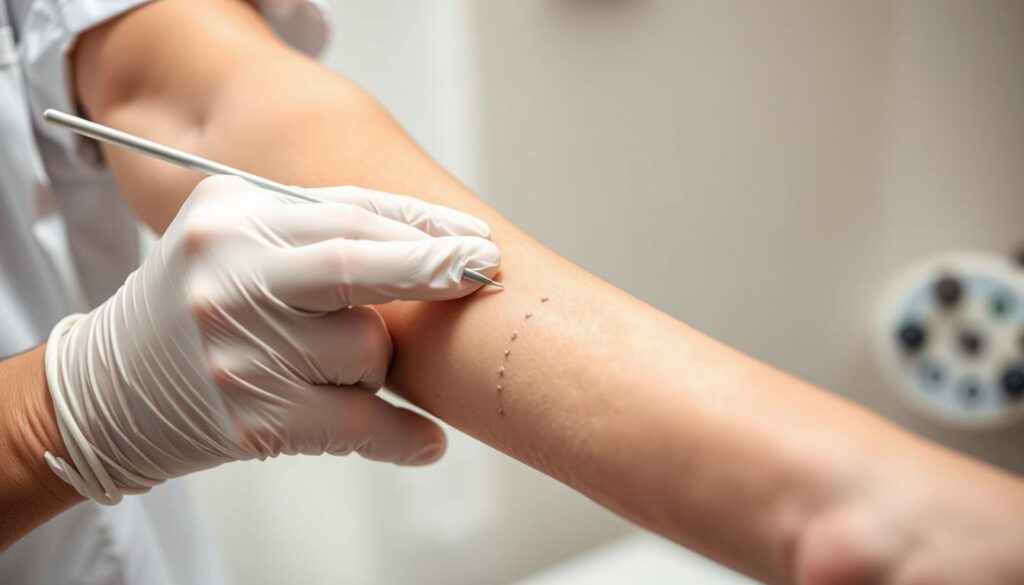 A well-lit, close-up view of a healthcare provider's hand performing an allergy scratch test on a patient's forearm. The patient's arm is positioned prominently in the foreground, with the doctor's gloved hand gently pressing a series of small metal probes into the skin, creating a grid of tiny scratches. The background is soft and slightly blurred, conveying a clinical yet calming atmosphere, perhaps with hints of medical equipment or a clean examination room. The lighting is natural and diffused, creating subtle shadows and highlights that accentuate the texture of the skin and the precision of the procedure. The overall mood is one of professionalism and care, conveying the importance of finding local allergy testing services.