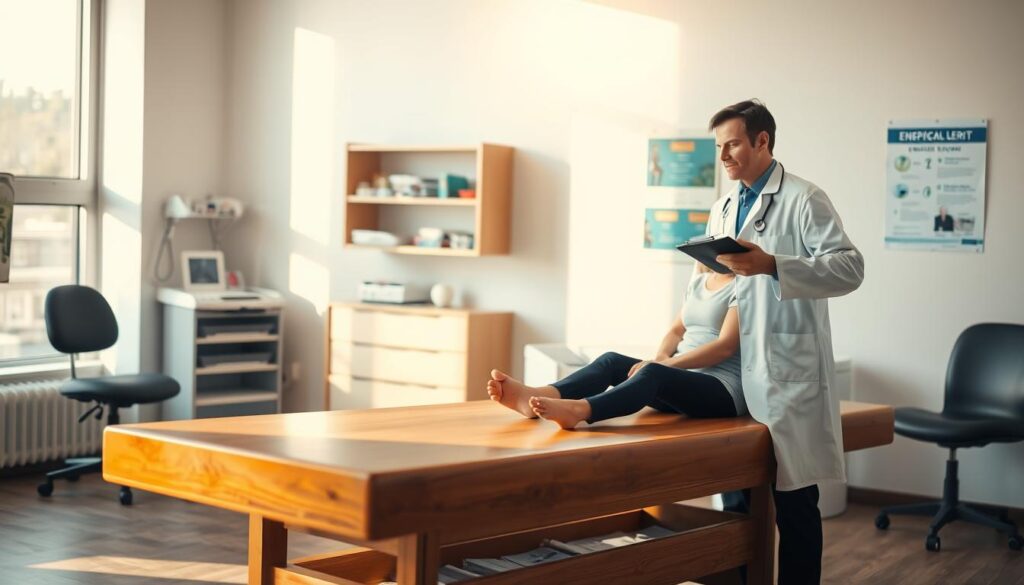 A well-lit examination room with a wooden examination table in the foreground. A physician in a white coat stands next to the table, holding a clipboard and speaking to a patient sitting on the table. Warm, natural lighting from a large window illuminates the scene, creating a calm and professional atmosphere. The background features medical equipment, shelves, and a poster on the wall, suggesting a modern, well-equipped clinic. The overall composition emphasizes the interaction between the doctor and patient, conveying the attentive and compassionate nature of a routine physical examination.