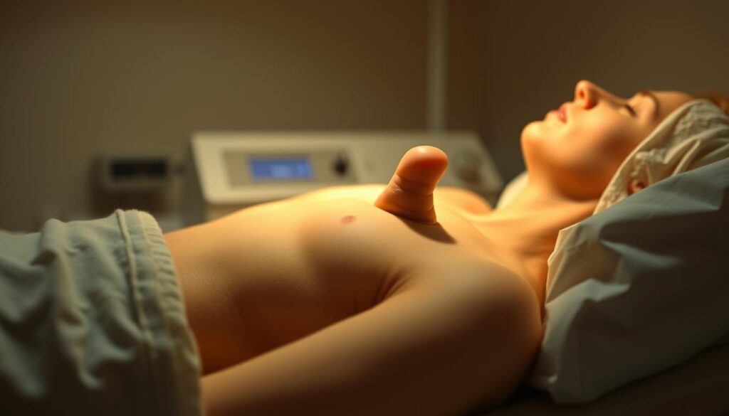 A well-lit, high-resolution photograph of a person's post-operative metoidioplasty recovery, showcasing the newly formed phallus in a natural and anatomically accurate manner. The subject is resting comfortably in a relaxed, soft-lit environment, with the focus on the surgical area. The lighting is warm and diffused, creating a soothing, clinical atmosphere. The perspective is from a slight angle, highlighting the natural contours and shape of the neophallus. The background is minimalist, allowing the subject to be the central focus. The overall mood is one of dignity, healing, and the triumphant journey of the individual's gender-affirming transition.