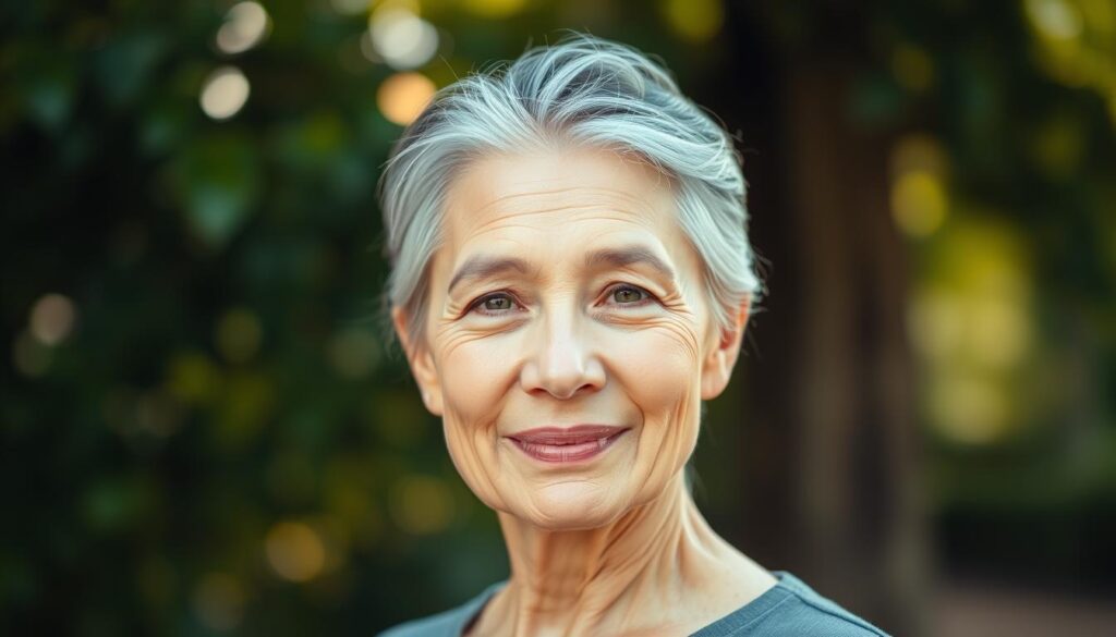 A well-lit, high-resolution portrait of a mature person with glowing, youthful skin and a serene, minimalist expression. The subject stands in a tranquil, natural setting with soft, diffuse lighting illuminating their face from above. Vibrant greenery and a blurred, out-of-focus background create a soothing, calming atmosphere. The image conveys a sense of inner peace, balance, and the harmonious integration of physical and mental well-being. Technical details include a shallow depth of field, warm color tones, and a slight smile that exudes a sense of confidence and effortless elegance.