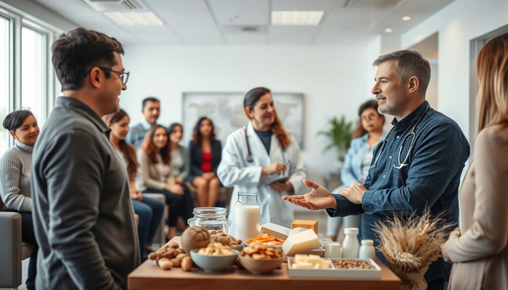 A well-lit interior scene featuring a group of diverse people of different ages, genders, and ethnicities. In the foreground, a doctor is speaking with a patient, explaining the food allergy testing process. The middle ground shows a selection of common allergenic foods, including peanuts, tree nuts, dairy, and wheat. In the background, a waiting room with comfortable seating and soothing decor, signifying a welcoming, professional medical environment. The overall mood is calm, informative, and focused on providing healthcare solutions. The camera angle is slightly elevated, creating a sense of inclusion and accessibility.