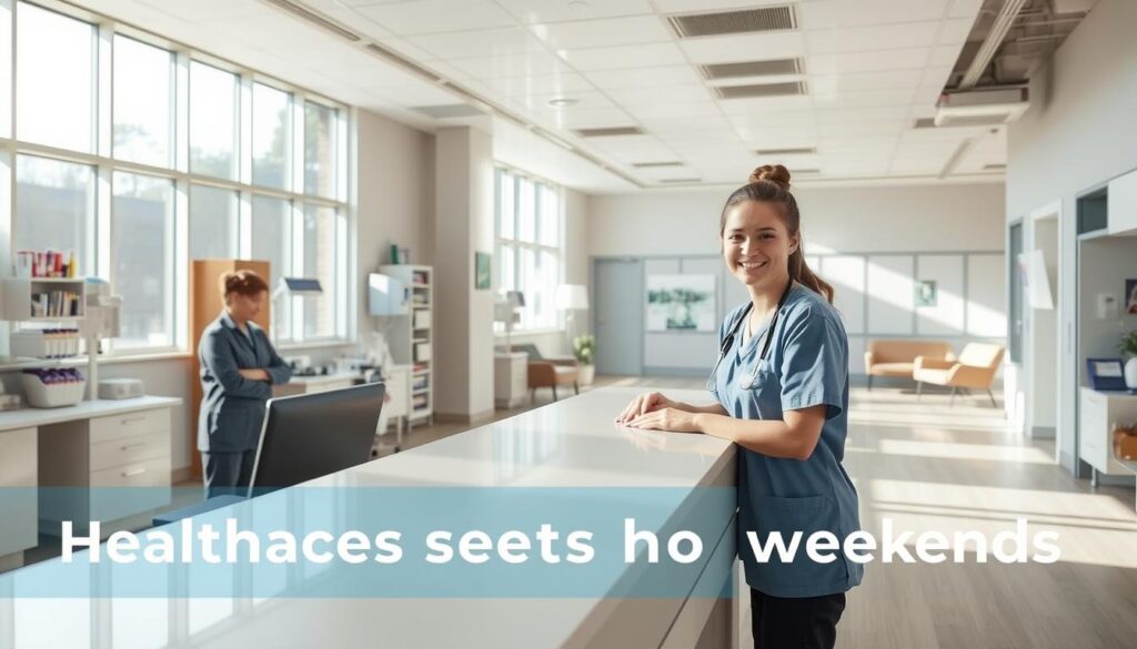 A well-lit, modern healthcare clinic interior. In the foreground, a reception desk with a friendly staff member assisting patients. The middle ground features exam rooms with medical equipment and supplies. The background showcases a waiting area with comfortable seating and a bright, airy atmosphere. Natural lighting streams in through large windows, creating a warm and inviting ambiance. The space conveys a sense of professionalism, cleanliness, and attentive healthcare services available on weekends.
