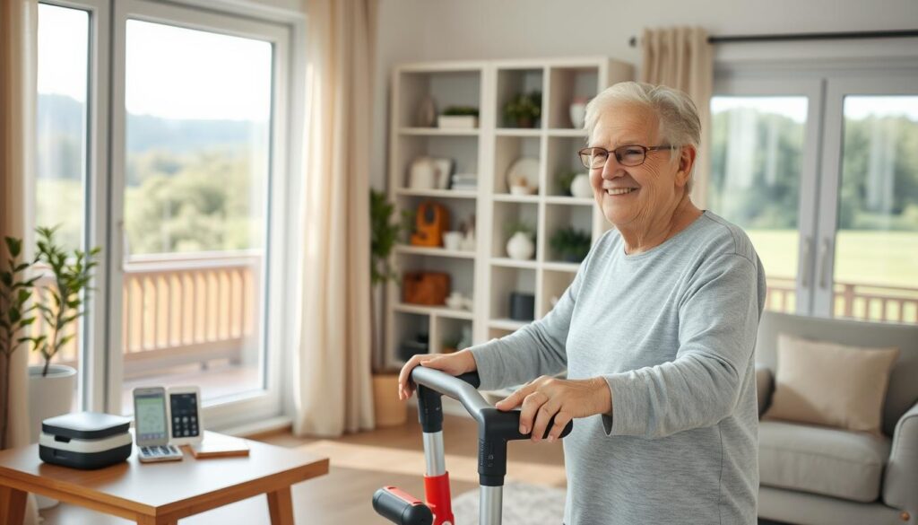 A well-lit senior-friendly living room with large windows and natural lighting. In the foreground, an elderly person using a sleek, modern mobility aid like a walker or electric scooter, their face expressing a sense of independence and empowerment. On a side table, ergonomic assistive devices like a pill organizer and smart home controls. The middle ground features shelves with accessible storage and a comfortable armchair. In the background, a view of a serene outdoor landscape, conveying a peaceful, supportive environment for aging in place.