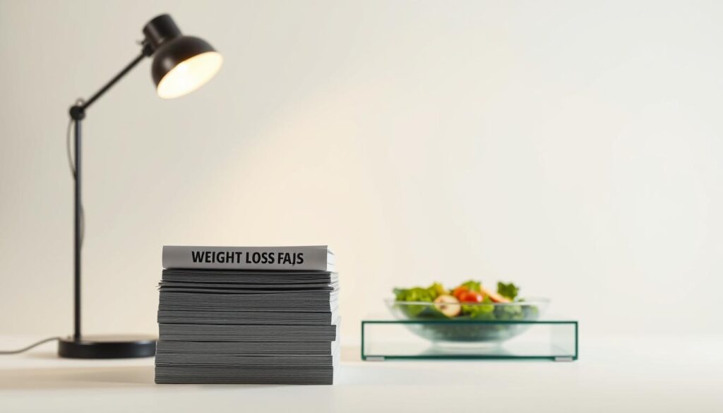 A well-lit studio scene with a clean, minimalist backdrop. In the foreground, a stack of books or documents labeled "Weight Loss FAQs", accompanied by a modern desk lamp casting a warm, focused light. In the middle ground, a healthy meal or snack, such as a salad or fresh fruit, sits atop a sleek, glass table. The background features a neutral, off-white wall, creating a sense of balance and tranquility. The overall mood is one of informative, approachable guidance on weight loss topics.