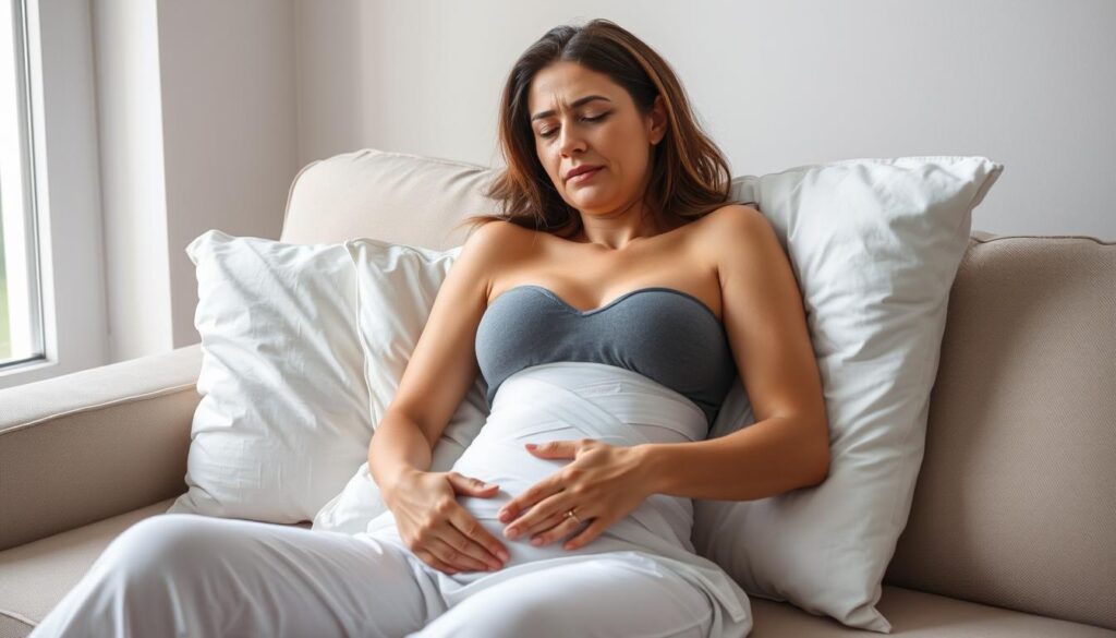 A woman resting on a couch, her abdomen bandaged and supported by pillows, signifying the recovery process after a tummy tuck procedure. The room is well-lit with soft, natural lighting from a nearby window, creating a calming atmosphere. The woman's expression conveys a sense of discomfort, but also a hint of relief, as she navigates the challenges of the post-operative period. The background features soothing, neutral tones, allowing the focus to remain on the subject and her recovery journey.