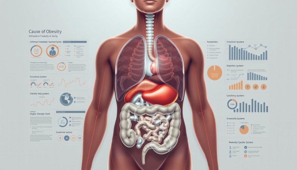 Causes of Obesity: A Detailed Anatomical Illustration High-resolution, detailed medical diagram depicting the various physiological and lifestyle factors contributing to obesity. Foreground shows a central cross-section of the human body, highlighting key organs, tissues, and systems impacted by obesity, such as the digestive system, cardiovascular system, and endocrine system. Middle ground features visual infographics and data visualizations illustrating obesity statistics, risk factors, and health consequences. Background provides a clean, minimalist setting with subtle grid patterns and neutral tones to enhance the informative nature of the artwork. Realistic, muted color palette with precise anatomical details to convey the medical nature of the subject matter. Rendered with a high level of realism and attention to detail using Stable Diffusion.