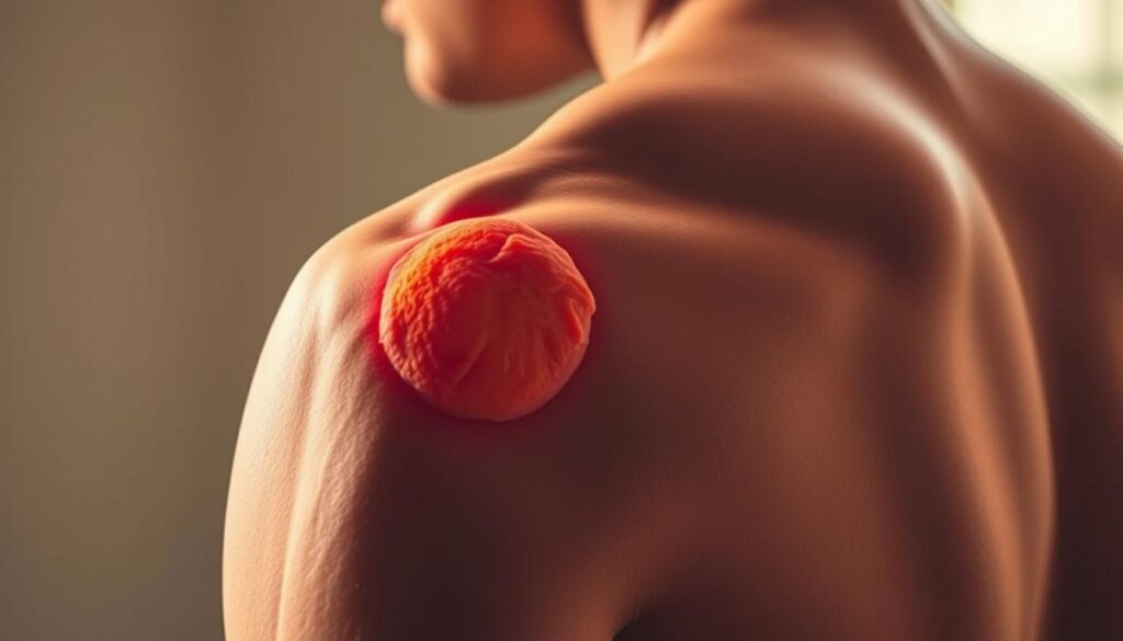 Detailed close-up view of a human shoulder, highlighting the key symptoms of an AC joint sprain: visible swelling, bruising, and limited range of motion. The shoulder is captured in a three-quarter angle, illuminated by warm, diffused natural lighting that accentuates the contours and textures of the affected area. The focus is sharp, and the depth of field is shallow, drawing the viewer's attention to the specific injury signs. The overall mood is one of clinical assessment, conveying the information needed to recognize this type of shoulder injury.