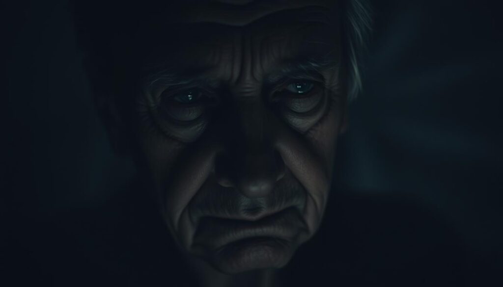 Elderly person's face, heavily shadowed, etched with worry and confusion. Hazy, dreamlike background suggests a fractured, disoriented reality. Soft, muted tones convey a sense of melancholy and isolation. Shallow depth of field, highlighting the central figure's pensive expression. Dramatic chiaroscuro lighting, creating dramatic contrasts between light and dark. Camera angle slightly elevated, evoking a sense of vulnerability and fragility. Atmospheric, moody, and introspective, capturing the essence of dementia's impact on the elderly.