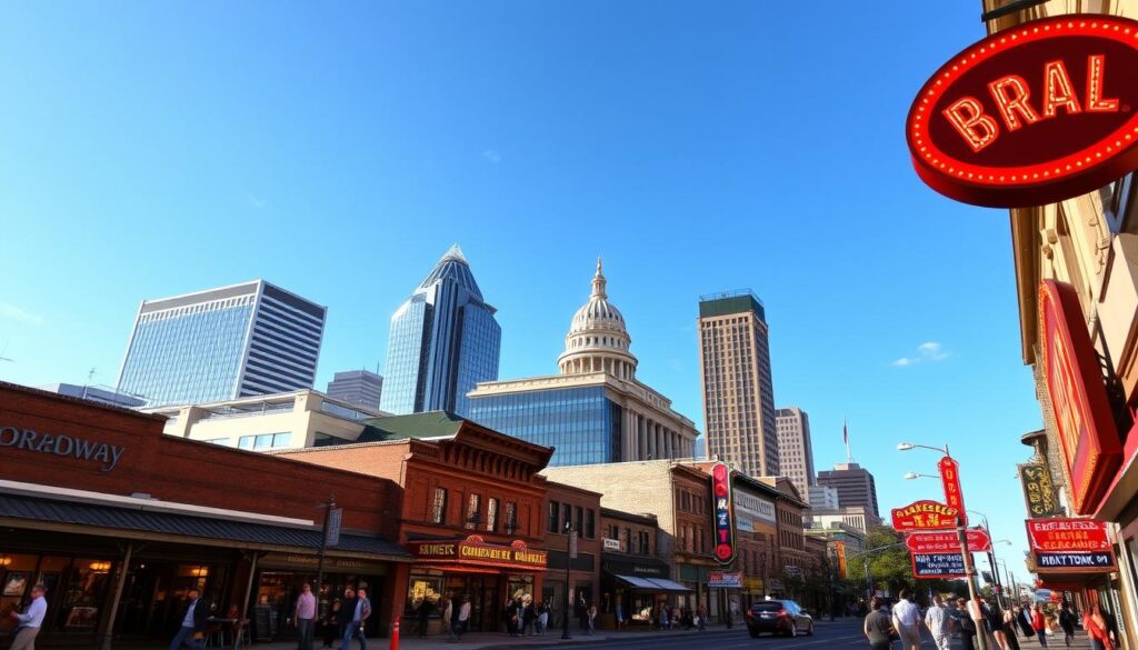 Exploring Nashville destinations: A bustling cityscape with towering skyscrapers and iconic landmarks like the Tennessee State Capitol building, set against a backdrop of a clear blue sky. In the foreground, a lively street scene with pedestrians strolling past local shops, restaurants, and music venues, capturing the vibrant energy of the city. The mid-ground features the iconic Broadway honky-tonk bars, their neon signs illuminating the scene. Warm, directional lighting casts an inviting glow, emphasizing the depth and dynamism of the urban environment. The overall atmosphere conveys the sense of discovery and adventure that awaits visitors to this thriving cultural hub.