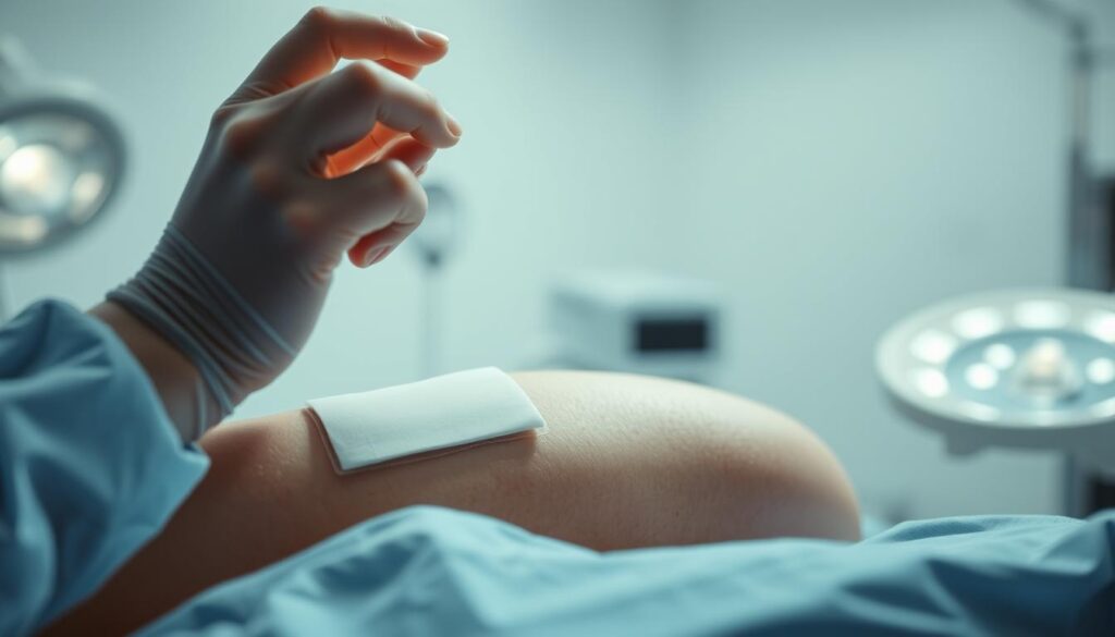 Surgical site care: a precise, delicate scene. Showcasing a freshly bandaged incision, with gentle hands applying sterile dressings, bathed in soft, indirect lighting. The backdrop a clean, minimalist medical environment, with subtle medical equipment in the periphery, conveying a sense of attentive, professional care. The focus remains on the careful, deliberate motions of the caregiver, as they tend to the healing wound with the utmost care and attention to detail. The mood is one of quiet concentration, a serene and reassuring atmosphere for the patient's recovery.