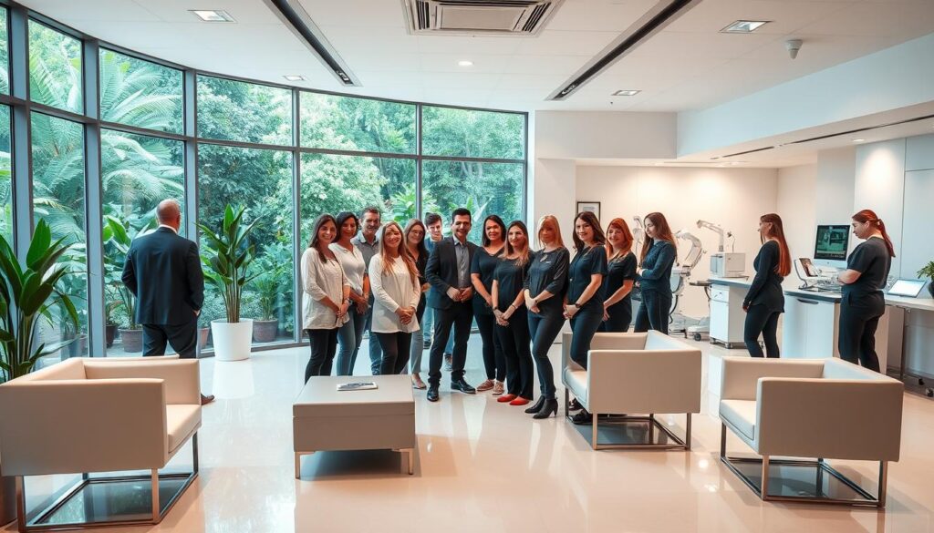 a modern, well-equipped weight loss clinic interior, featuring a bright, airy reception area with sleek, minimalist furniture and floor-to-ceiling windows overlooking a lush, verdant garden. In the middle ground, a team of friendly, attentive staff greet patients, while in the background, state-of-the-art medical equipment and consultation rooms suggest a comprehensive, personalized approach to weight management. The lighting is warm and natural, creating a calming, inviting atmosphere that reflects the clinic's commitment to patient well-being and holistic health.