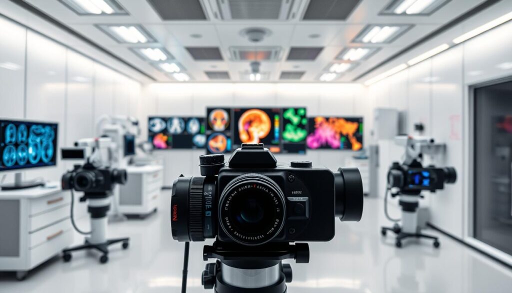 a pristine modern imaging laboratory filled with state-of-the-art equipment, pristine white surfaces, and sleek, minimalist design. In the foreground, high-resolution cameras with advanced lenses capture detailed images with precision and clarity. In the middle ground, screens display vibrant, colorful visualizations of medical scans, scientific data, and digital art. The background is bathed in soft, diffuse lighting that creates a serene, professional atmosphere, conveying the benefits of cutting-edge imaging technology - enhanced clarity, precision, and versatility for a wide range of applications.